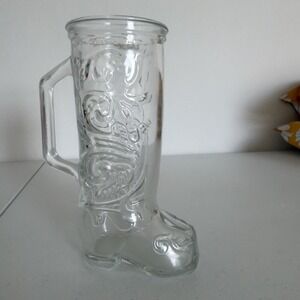 Vintage Clear Glass Cowboy Boot Fancy Design Beer Mug Stein